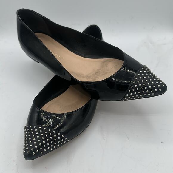 LOEFFLER RANDALL NATALIE BLACK PATENT LEATHER POINT TOE SILVER STUDDED FLATS 10B - Picture 4 of 11